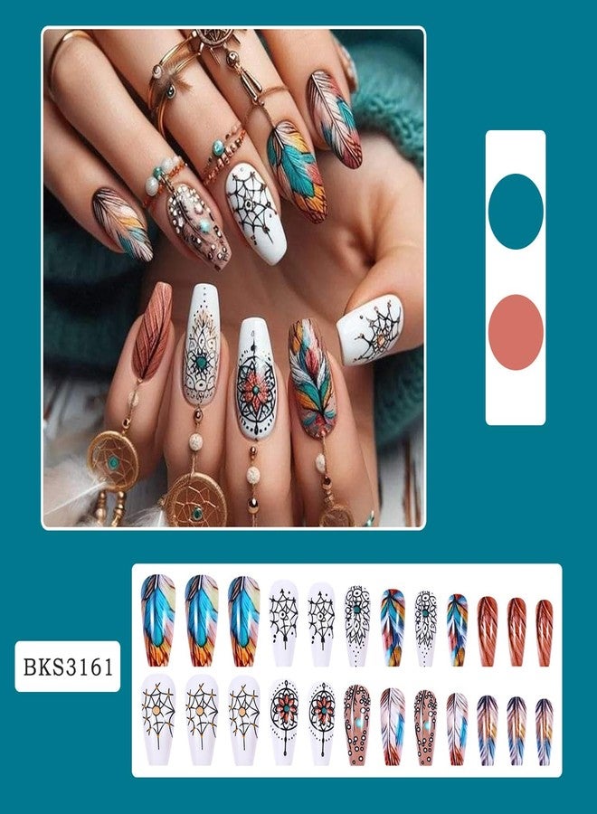 TBRZTR Press on Nails Medium Coluful Feather False Nails Cute Wind Chimes Pattern Design Ballet Shaped Nails Artificial Coffin Nails Full Cover Stick on Nails Glossy Accrylic Glue on Nails for Women - Image 2